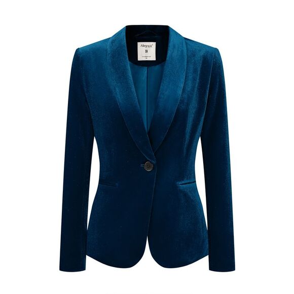 Women's Coat Solid Shawl Collar 1 Button Velvet Blazer Deep Blue - Picture 1 of 6